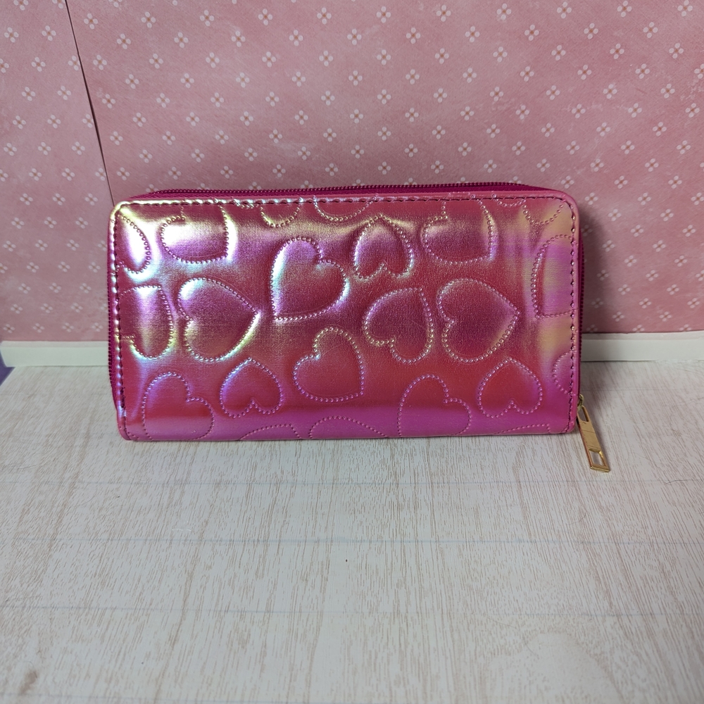 Pink Heart Embossed Iridescent Wallet Y2K Barbie